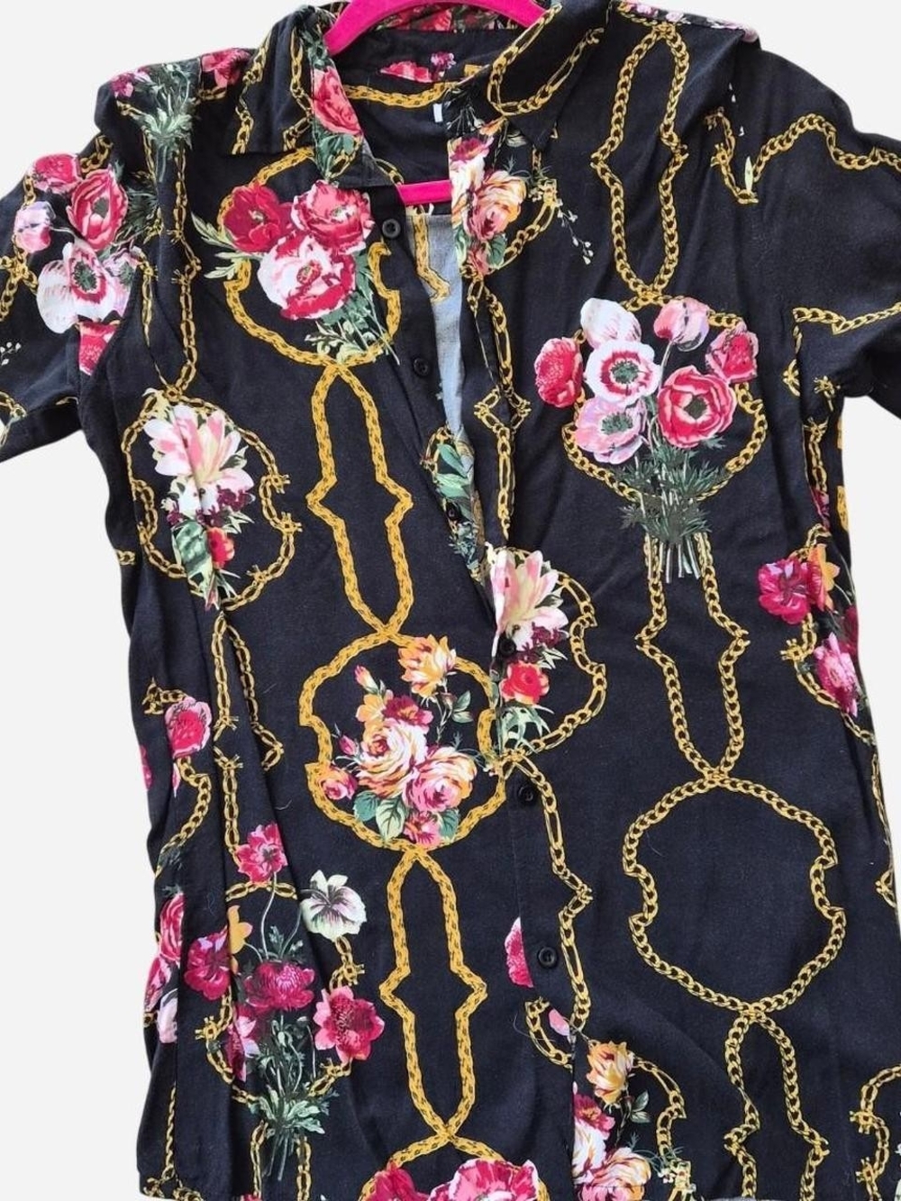 Black Floral & Chain-Print Button-Down Blouse